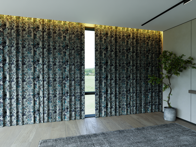 Blue and Grey Colour Floral and Leaves Pattern Velvet Curtain Fabric printed