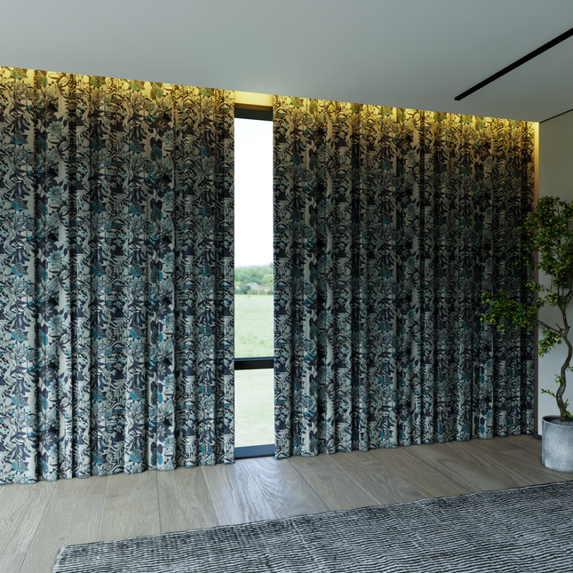 Blue and Grey Colour Floral and Leaves Pattern Velvet Curtain Fabric printed