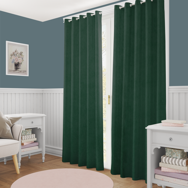 Medium Green Colour Plain Velvet Flock Easy Clean Readymade Curtain