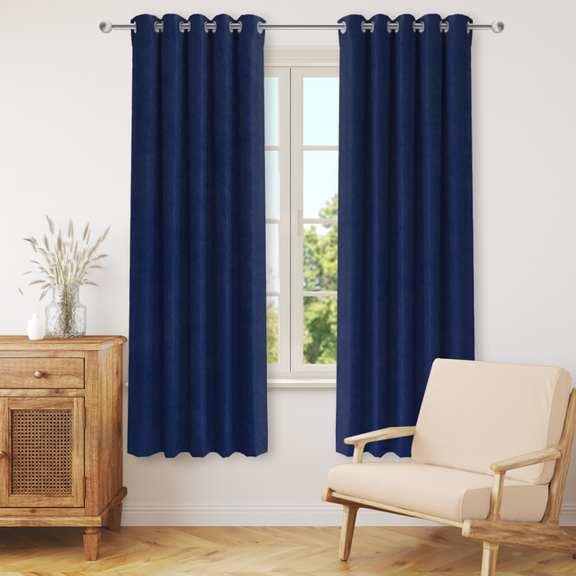 Royal Blue Colour Plain Velvet Flock Easy Clean Readymade Curtain