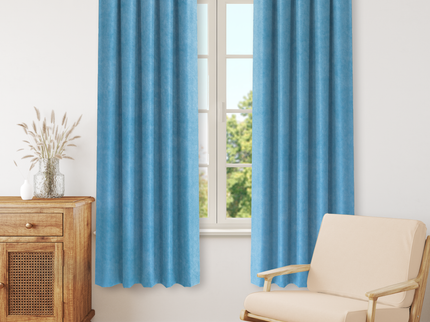 Medium Blue Colour Plain Velvet Flock Easy Clean Readymade Curtain