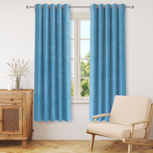 Medium Blue Colour Plain Velvet Flock Easy Clean Readymade Curtain