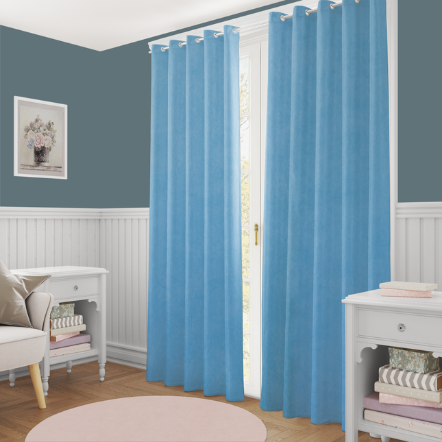Medium Blue Colour Plain Velvet Flock Easy Clean Readymade Curtain