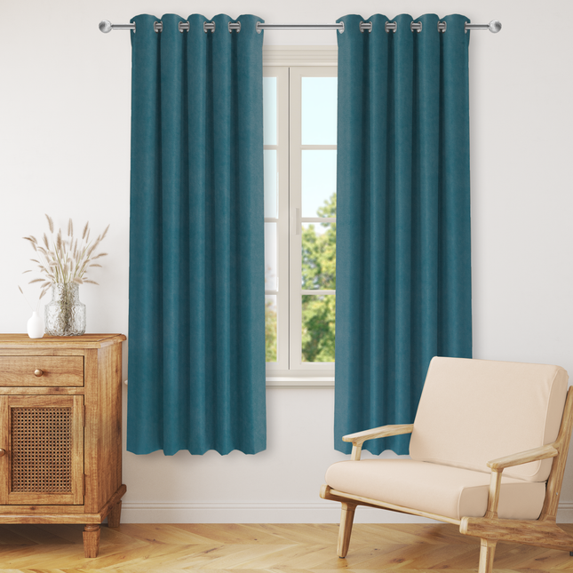 Turquoise Colour Plain Velvet Flock Easy Clean Readymade Curtain