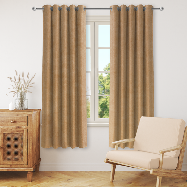 Peanut Brown Colour Plain Velvet Flock Easy Clean Readymade Curtain