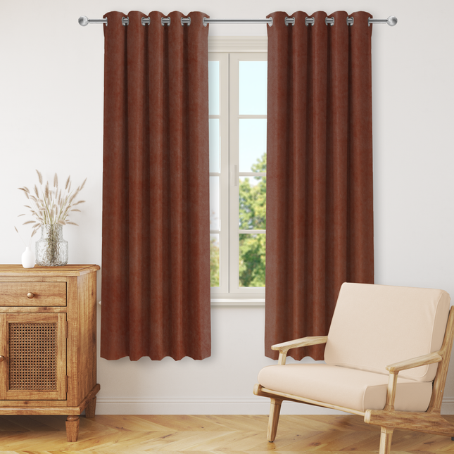 Cinnamon Brown Colour Plain Velvet Flock Easy Clean Readymade Curtain