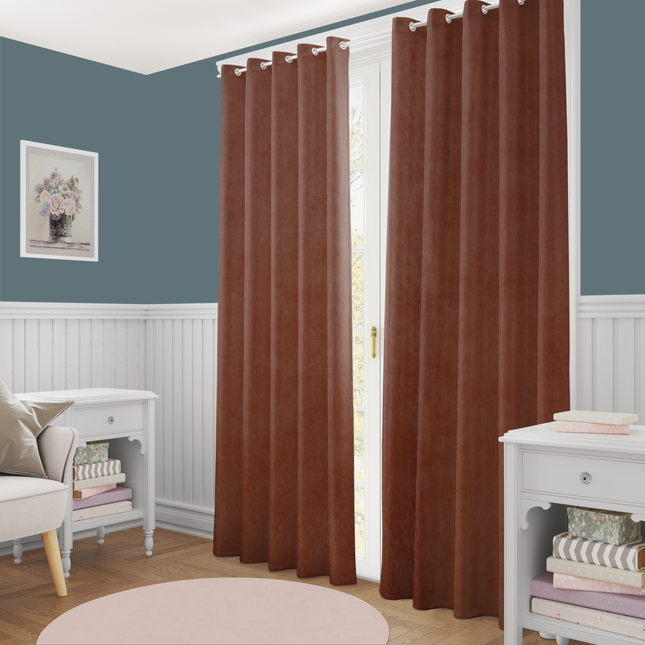 Cinnamon Brown Colour Plain Velvet Flock Easy Clean Readymade Curtain