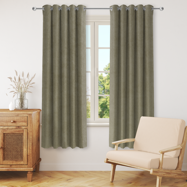 Olive Light Brown Colour Plain Velvet Flock Easy Clean Readymade Curtain