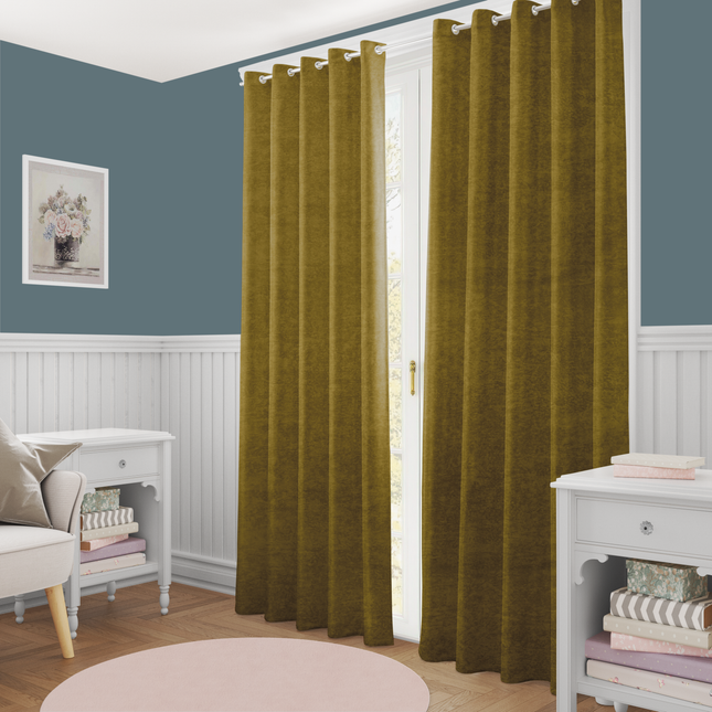 Dark Yellow Colour Textued Velvet Flock Readymade Curtain