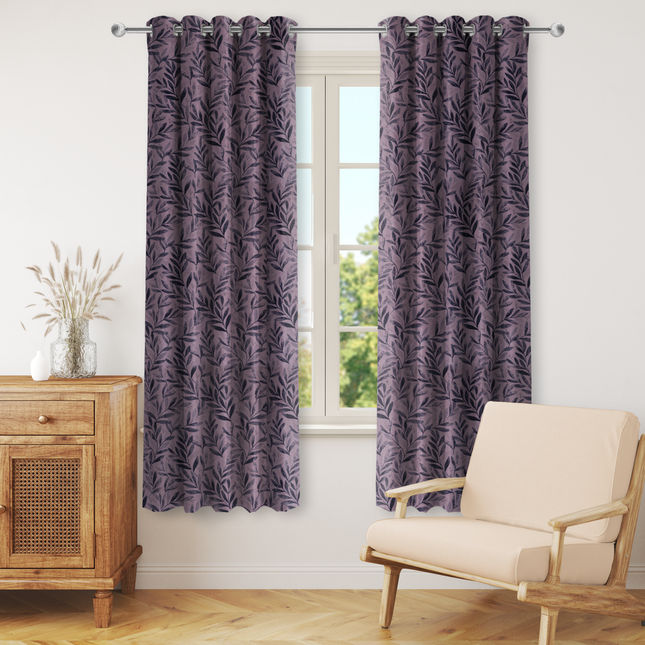 Grey Colour Leaves Pattern Velvet Readymade Curtain
