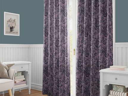 Grey Colour Leaves Pattern Velvet Readymade Curtain