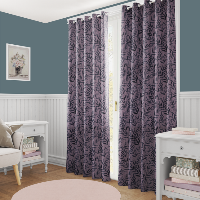 Grey Colour Leaves Pattern Velvet Readymade Curtain