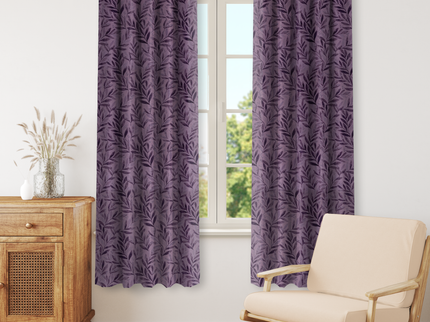 Purple Colour Leaves Pattern Velvet Readymade Curtain