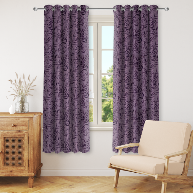 Purple Colour Leaves Pattern Velvet Readymade Curtain