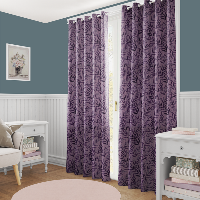 Purple Colour Leaves Pattern Velvet Readymade Curtain