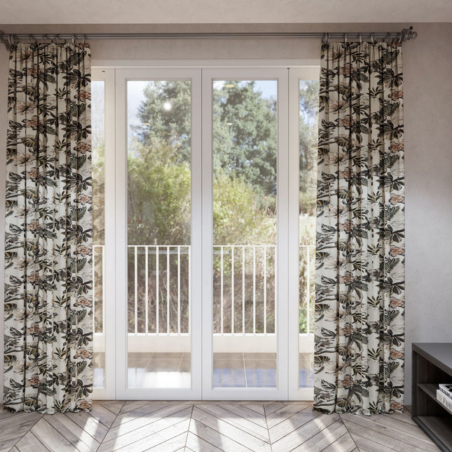 Olive Green and Warm Beige Colour Floral and Leaves Pattern Velvet Curtain Fabric printed