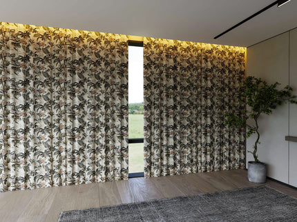 Olive Green and Warm Beige Colour Floral and Leaves Pattern Velvet Curtain Fabric printed