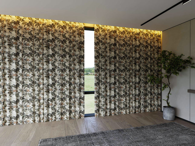 Olive Green and Warm Beige Colour Floral and Leaves Pattern Velvet Curtain Fabric printed