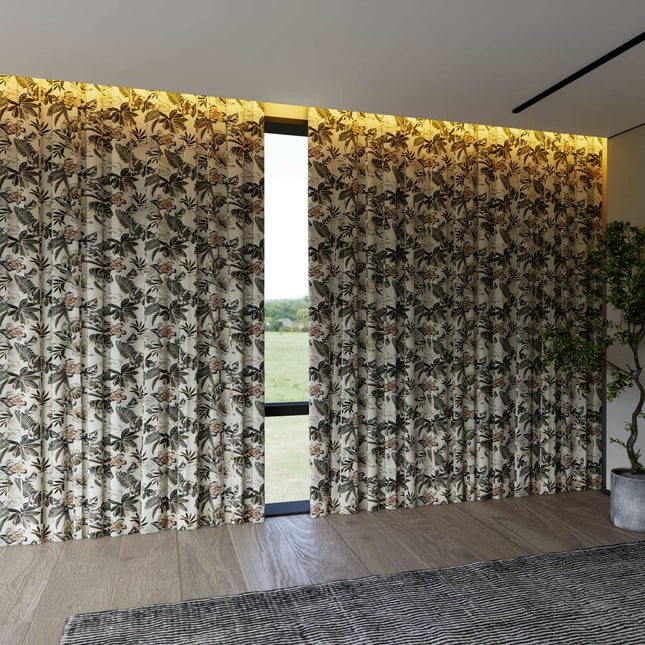 Olive Green and Warm Beige Colour Floral and Leaves Pattern Velvet Curtain Fabric printed