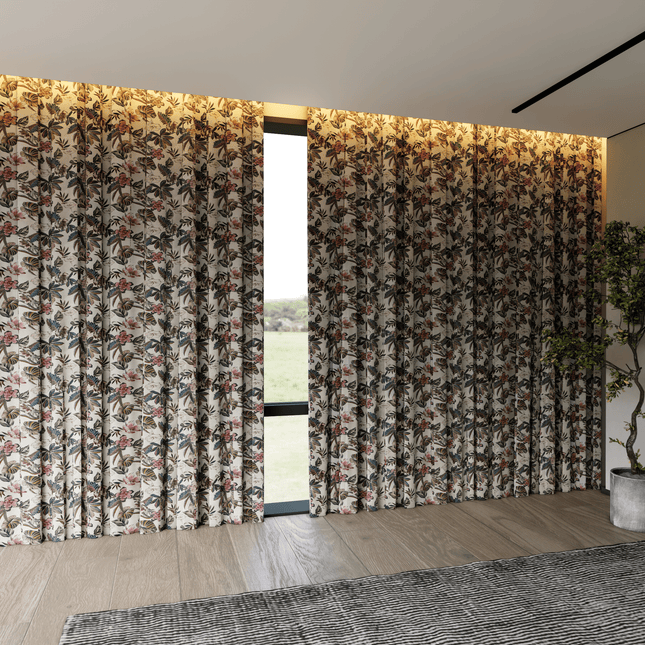 Dusty Rose and Forest Green Colour Floral and Leaves Pattern Velvet Curtain Fabric printed