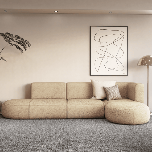 Light Camel Colour Embossed Leaves Pattern Velvet Flock Easy Clean Sofa, Chair and Curtain Fabric