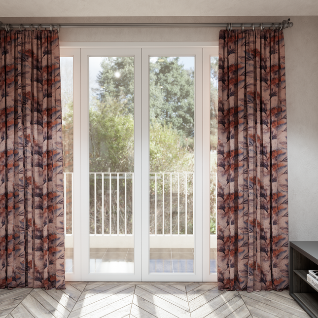 Light Orange and Slate Blue Colour Leaves Pattern Velvet Curtain Fabric printed