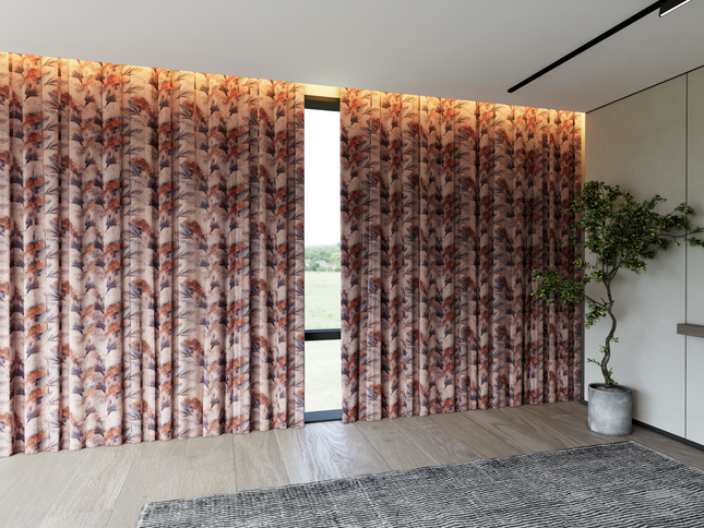 Light Orange and Slate Blue Colour Leaves Pattern Velvet Curtain Fabric printed