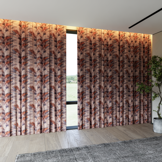 Light Orange and Slate Blue Colour Leaves Pattern Velvet Curtain Fabric printed