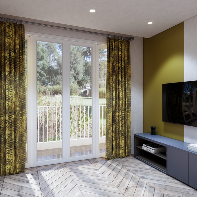 Olive Green and Mustard yellow Colour Textured Velvet Flock Easy Clean Sofa, Chair and Curtain Fabric